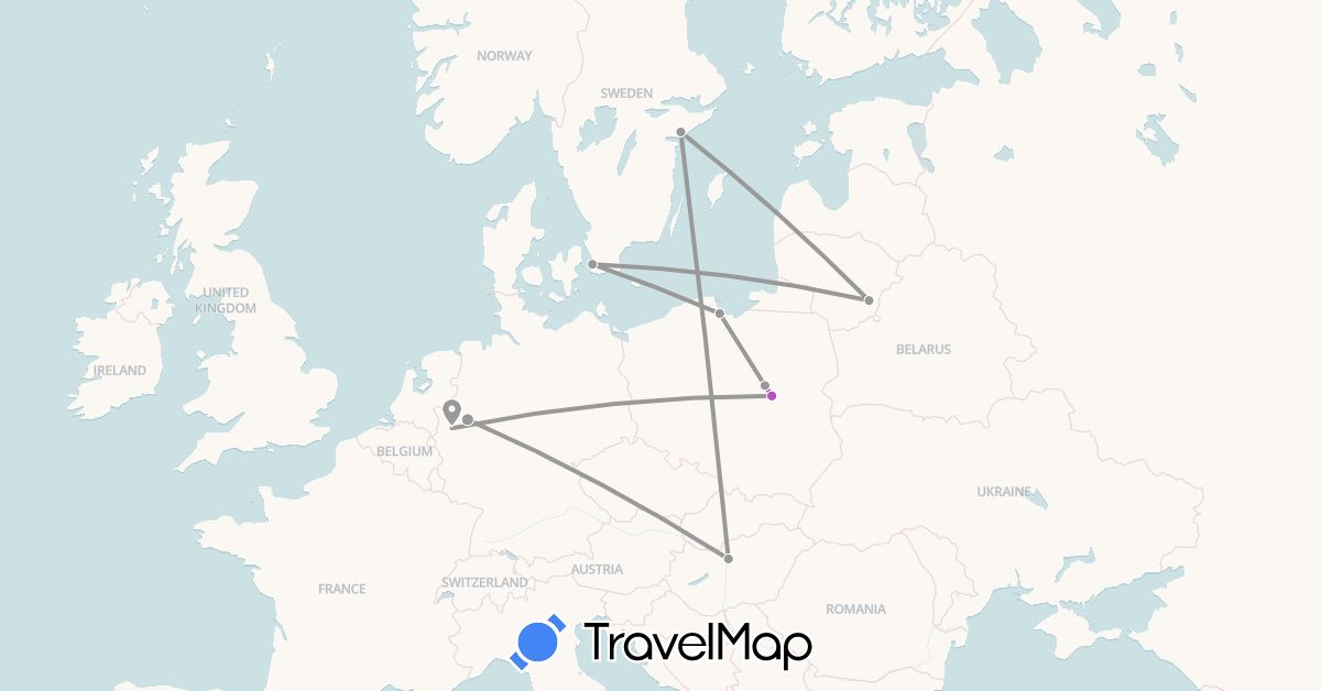 TravelMap itinerary: driving, plane, train in Germany, Hungary, Lithuania, Poland, Sweden (Europe)
